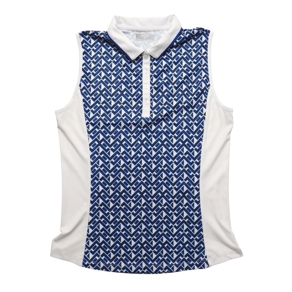 Callaway Sleeveless Polo Shirt Womens Large Blue Geometric Print Opti-Dri Golf